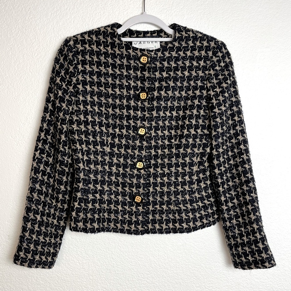 Jaeger Great Britain VTG houndstooth wool silk blazer jacket size 4